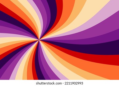 retro starburst or sunburst background vector pattern with a vintage color palette of purple orange yellow gold and beige in a spiral or swirled radial striped design