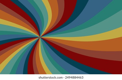 retro starburst or sunburst background vector pattern with a vintage color palette of blue green yellow orange and red in a spiral or swirled radial striped design