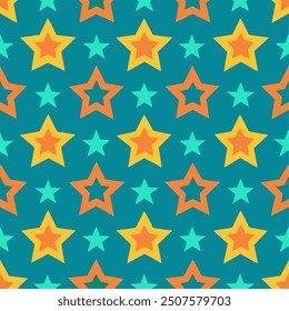 Retro Starburst Symphony: A vibrant and seamless pattern featuring bold orange and teal stars against a rich teal backdrop, evoking a playful and energetic retro vibe.