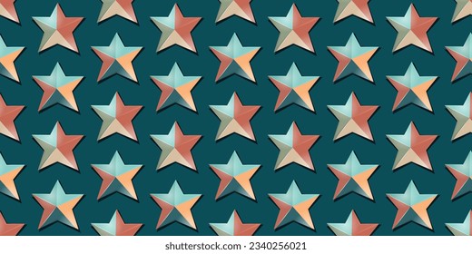 Retro stars, colorful and bulging. 3D stars repeat on a seamless vector. For seamless print, textile, pillows, clothing, background, packaging, notepads, cups, clothes.