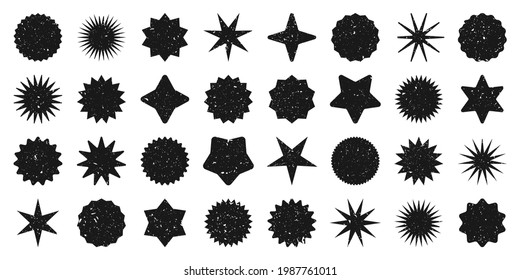 Retro stars, grunge sunburst symbols. Vintage sunbeam icons. Black shopping labels, sale or discount sticker, quality mark. Special offer price tag, promotional badge. Vector illustration.