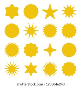 Retro stars, sunburst symbols. Vintage sunbeam icons. Yellow shopping labels, sale or discount sticker, quality mark. Special offer price tag, promotional badge. Vector illustration.