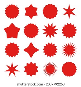 Retro stars, sunburst symbols. Vintage sunbeam icons. Red shopping labels, sale or discount sticker, quality mark. Special offer price tag, promotional badge. Vector illustration.