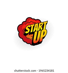 Retro Start Up Comic Burst Explosion Halftone Pop Art Bubble Isolated. Vector Boom Bang Vintage Label, Space Startup Launch, Game Started, Innovations In Business. Beginning Project New Idea