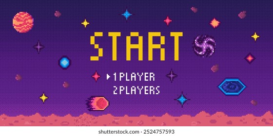 Retro start screen for a video game with pixel art style showcasing space elements like stars, planets, and galaxies, with options for 1 or 2 players. Ideal for gaming, space, 1980s nostalgia, retro