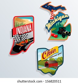 Retro State Shape Illustrations Of Indiana, Michigan, Ohio