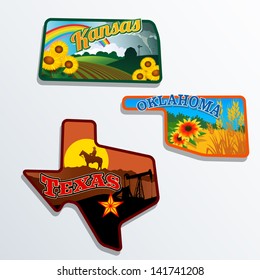 Retro State Shape Illustrations Of Kansas, Oklahoma, And Texas