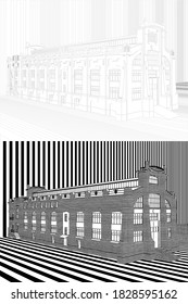 Vector 01 del edificio de la estación retro. Ilustración Aislada En Fondo Blanco. Una Ilustración Vectorial Del Antiguo Edificio Industrial Clásico.