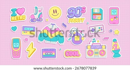Retro stckers set of elements of 80-90s aesthetics , mobile phone, lava lamp, cassette player, cassette tapes, arcade game, music. Trendy fashion stickers of 90's retro aesthetics. Vector set