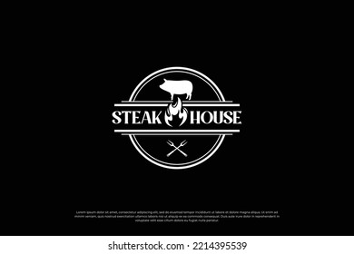 Retro steak house logo design. Steak emblem, steak restaurant label logo.