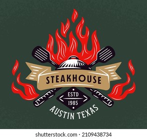 Retro Steakhouse Emblem Grill Logo. BBQ Charcoal Grill Badge. Open Fire Braai Icon. Barbecue Party Badge. Flame Background. Vintage Back Yard Party Decor. Roasted Meat Restaurant. Colored Version