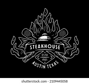 Retro Steakhouse Emblem Grill Logo. BBQ Charcoal Grill Badge. Open Fire Braai Icon. Barbecue Party Badge. Flame Background. Vintage Back Yard Party Decor. Roasted Meat Restaurant. Monochrome Version