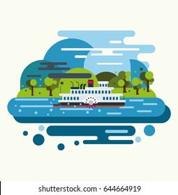 Retro Steam Boat. Vintage Travel Concept. Flat Vector Illustration.