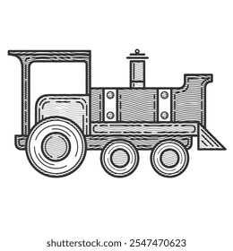 Retro steam locomotive. Hand drawn moving train. Vector illustration.