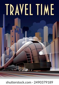 A retro steam locomotive in a smoke clouds moves quickly against the backdrop of industrial buildings and skyscrapers. Travel Time Art Deco Retro style poster. Handmade drawing vector illustration. 