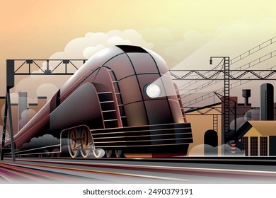 A retro steam locomotive in a smoke clouds moves quickly against the backdrop of industrial buildings, railway workshops and depots. Handmade drawing vector illustration. Art deco style.