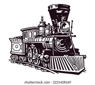 Retro steam locomotive transport - hand drawn illustration