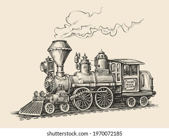 Retro steam locomotive transport sketch. Hand drawn vintage vector illustration