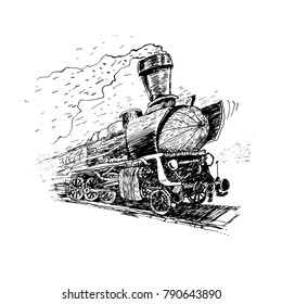 Retro steam locomotive. Vector hand drawn Illustration, vintage stylized drawing. Engraved style