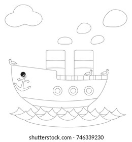 Retro steam ship black and white vector poster. Coloring book page for adults and kids. Illustration with steamship, seagull bird, sea ocean pond water for gift card, flyer, certificate or banner.