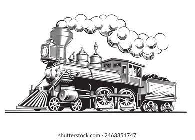 Retro steam train locomotive, vintage engraving style vector illustration