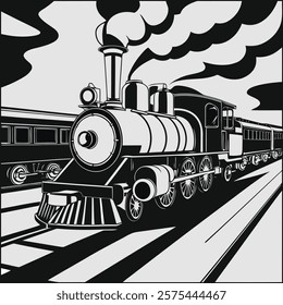 Retro steam train locomotive, vintage engraving style vector illustration