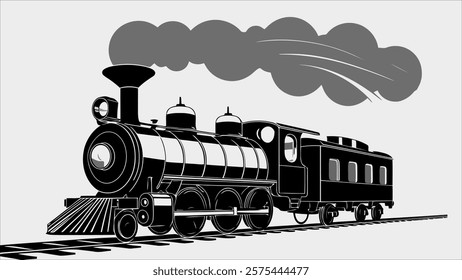 Retro steam train locomotive, vintage engraving style vector illustration