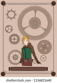 Retro steampunk frame vintage, anime girl frame background, gems, cogs, gears, buttons on retro paper