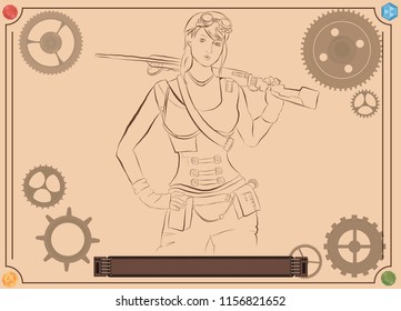 Retro steampunk frame vintage, anime girl frame background, gems, cogs, gears, buttons on retro paper