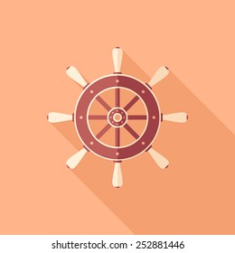 Retro steering wheel flat square icon with long shadows.