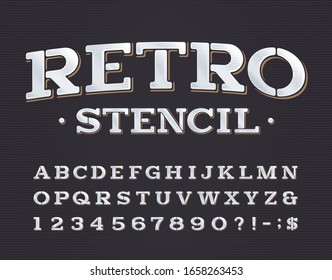 Retro Stencil alphabet font. Serif letters, numbers and symbols. Stock vector typeface for your typography design.