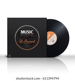 Retro Stereo Audio Black Vinyl Disc And Album Paper Sleeve Cover Vector Mockup. Music Analog Vinyl Plate In Packaging Box Vector Illustration