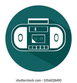 Retro stereo cassette player. Flat white line icon isolated on dark green round with shadow. 
