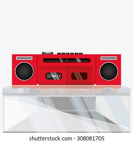 Retro stereo tape recorder on glass table, casette player, vector illustration