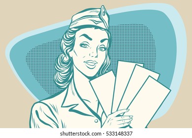 Retro Stewardess With Ticket. Old Illustration. Pop Art Vector