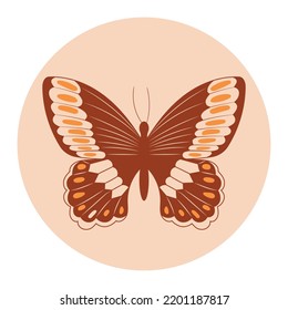 Retro sticker butterfly with vintage flowers inscribed in a circle shape in hippie style 1970