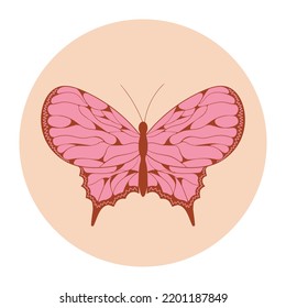 Retro sticker butterfly with vintage flowers inscribed in a circle shape in hippie style 1970