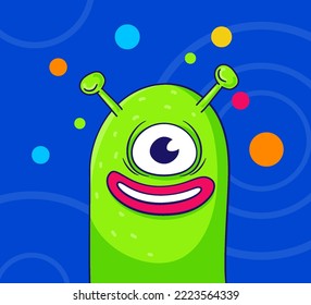 Caricatura de pegatinas retro alienígena verde con un ojo, sonriendo con la boca abierta en el fondo del espacio azul. Planetas, estrellas, espacio, estilo hipster. Ilustración vectorial.