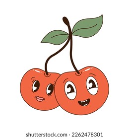 Retro sticker of a cherry with cartoon facial expressions and smiles. Berries of love. Holiday, March 8, background, print. Vintage sticker. Vector