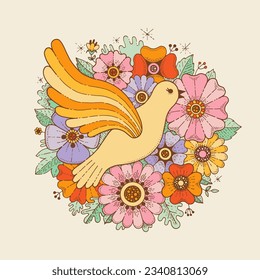 Retro sticker with dove and flowers. Vintage groovy print with flying bird, floral pattern. Symbol of peace and hope in hippie 70s style, vector hand drawn peace dove illustration. Hippie art