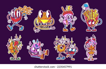 Retro sticker fast food y2k different personages. Funny fastfood cheeseburger, cola, french fries and hot dog, ketchup bottle, donut and ice cream characters isolated set, cartoon vector patches pack