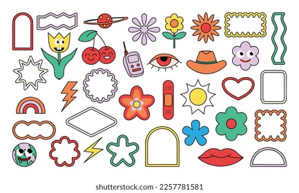 Retro Sticker Groovy Hand Drawn. 70s hippie stickers, psychedelic groovy elements.