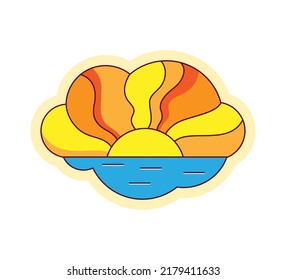 Retro sticker rainbow sun rising over the water. Groove style. Vector illustration
