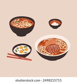 Retro sticker of ramen japanese noodle food icon illustration set.
