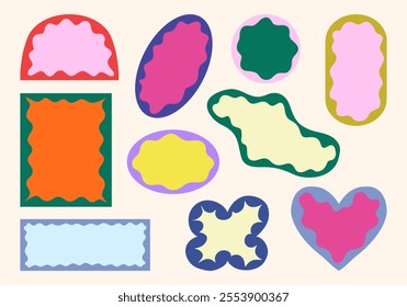 Retro sticker set with abstract wavy shapes. A collection of ten retro-inspired abstract sticker designs featuring wavy outlines and bold shapes, ideal for nostalgic layouts, branding, and digital art