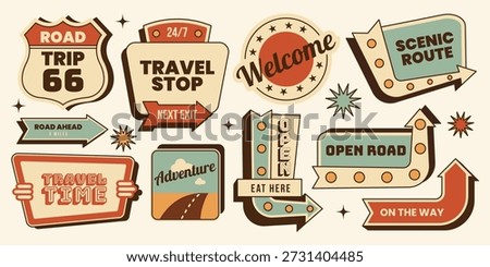 Retro sticker set. American highway and road trip signs, travel arrows, welcome badges and vintage direction signs. Isolated Vector illustration in mid century 1950s style