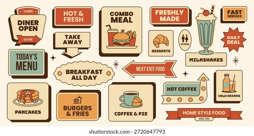 Retro sticker set. Breakfast diner signs, pancakes,burger,milkshake, croissant, arrows and more. Vector illustration in vintage colors mid century 50s, food flyer,travel design,restaurant menu