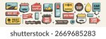 Retro sticker set. Cafe, gas, mechanic and scenic trip signs in 1950s style. Road adventure and highway travel theme. Vector illustration, vintage colors