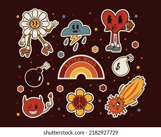 Retro Sticker Set With Characters: Chamomile On Rollers, Peace Sign, Heart, Rainbow, Bomb, Comet