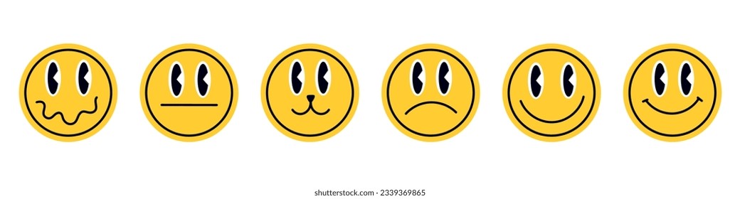 Retro Sticker Set. Cool abstract emoji with happy smiles. Trendy patches and badges featuring graphics. Modern labels for a unique background. Flat illustrations isolated on white background.